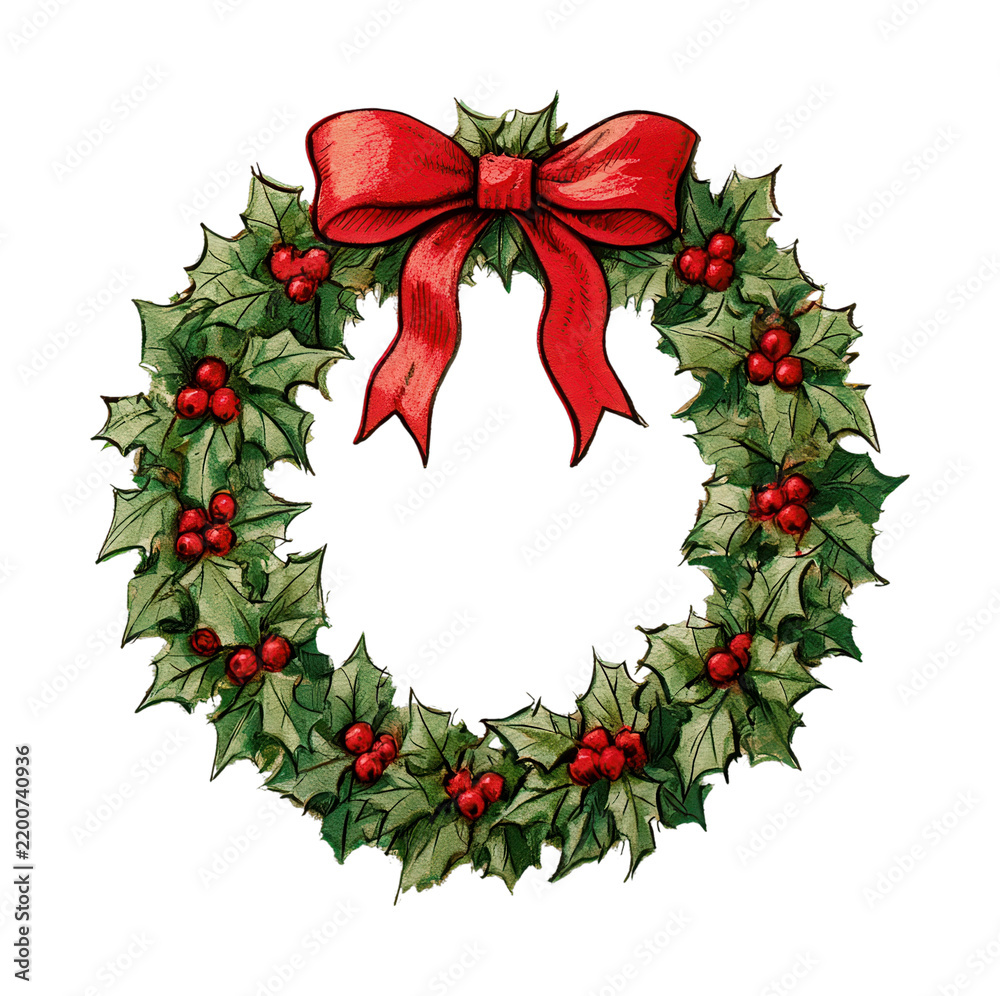 Obraz premium PNG Watercolor Christmas wreath with red bow, holly leaves, berries