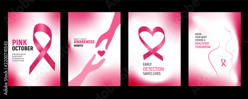 Breast Cancer Awareness Pink October Poster Set with Pink Ribbon, Four Healthcare Campaign Designs for Poster, Banner, Social Media and Charity Promotion