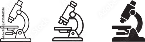 Microscope icon set for science, research, laboratory, healthcare, medical study, and education.