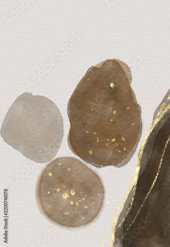 Abstract watercolor painting with golden partic and metallic gold details on textured paper background, hand painted artistic design with soft watercolor stains, elegant luxury aesthetic, minimalist m
