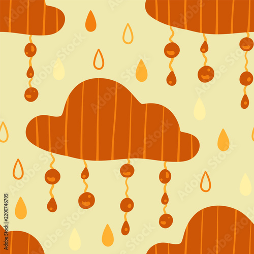 Cute rain cloud seamless pattern with brown striped cloud and raindrops on green background