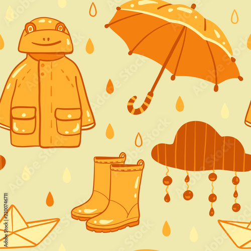 Cute rainy day seamless pattern with paper boat umbrella and rain boots on green background