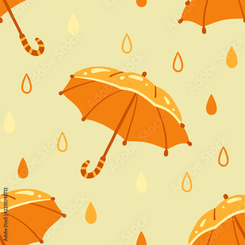 Cute umbrella seamless pattern with bright yellow parasol and raindrops on green background