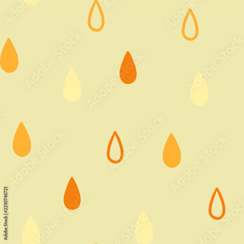 Cute raindrops seamless pattern with yellow and orange drops on green background