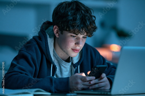 Teenager Using Smartphone Beside Laptop at Night