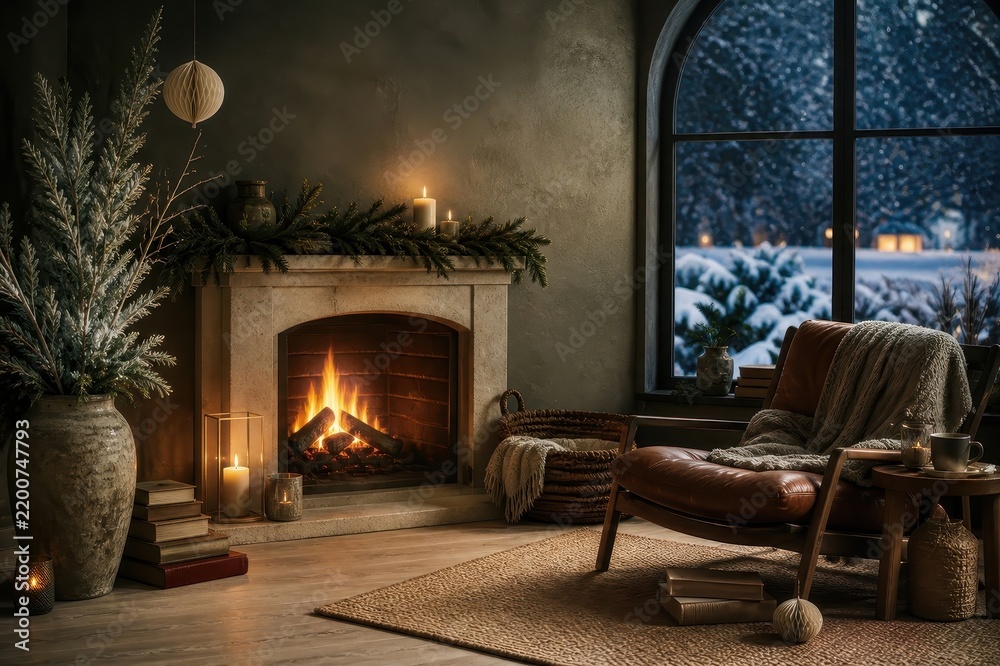 Obraz premium Cozy winter living room with fireplace, candles, and snowfall