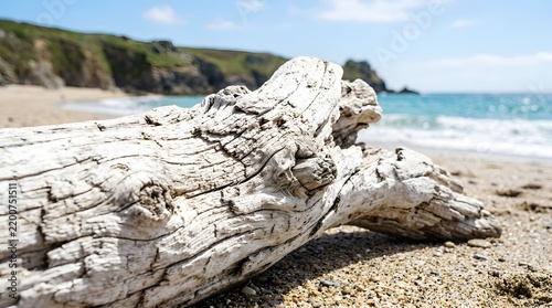 Weathered driftwood log on a sandy beach near ocean waves