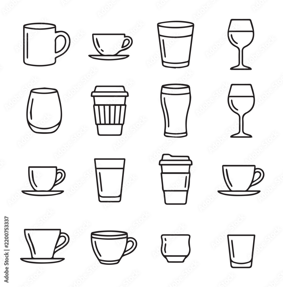 Obraz premium Collection of assorted drinking vessels including cups and glasses in a clean line art style