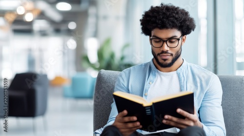 Modern Workplace Lifestyle with Anonymous employee reading book in quiet office break room of