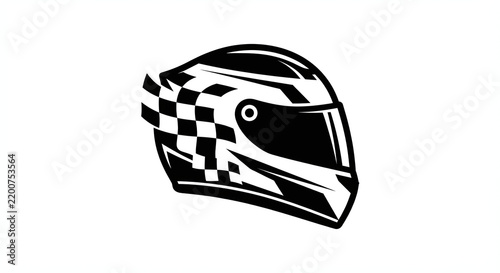 Black and White Racing Helmet with Checkered Flag and Motorsport Logo - Sport Design Vector Illustration for Auto Racing Graphics and Competition Emblem