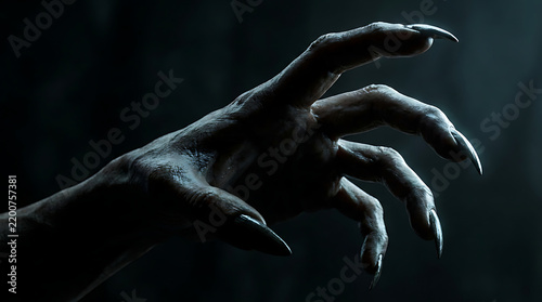 A close up shot of a terrifying monster hand with sharp claws reaching out from the dark shadows