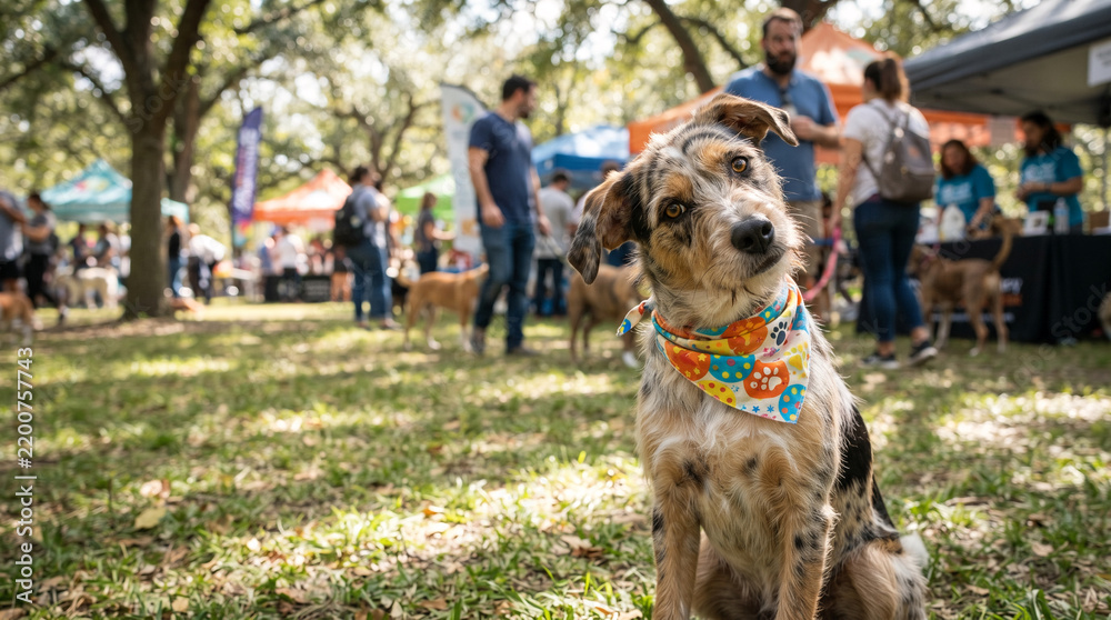 Obraz premium Dog wearing bandana at outdoor pet event with blurred people