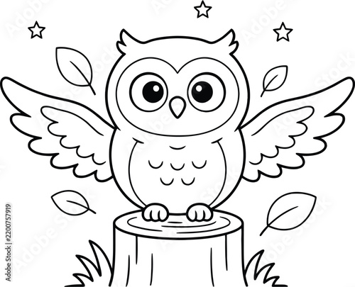 Charming owl illustration with leaves and stars on a tree stump in a black and white doodle style