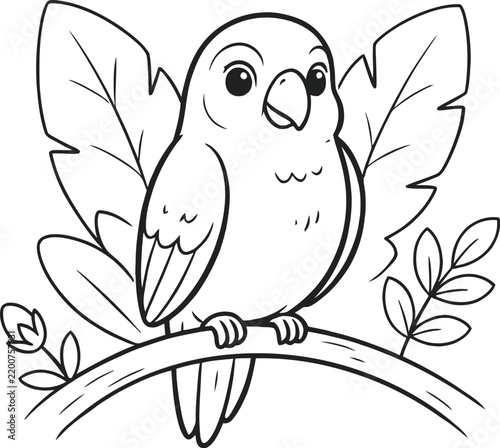 Charming line art illustration of a cute bird perched on a branch with leaves and floral details