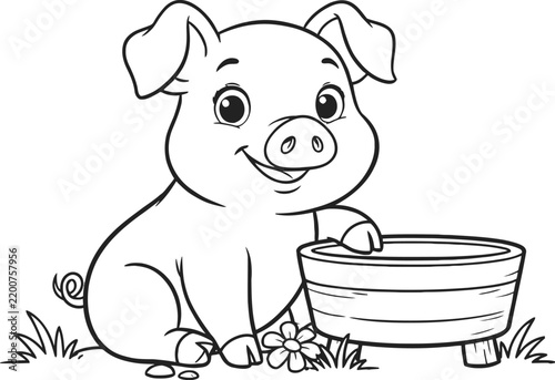Adorable cartoon piglet sitting beside a wooden bucket with flowers and grass illustration