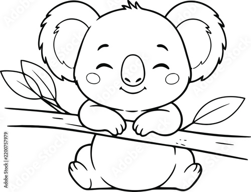 Cute koala bear sleeping on a branch illustration in black and white line art style