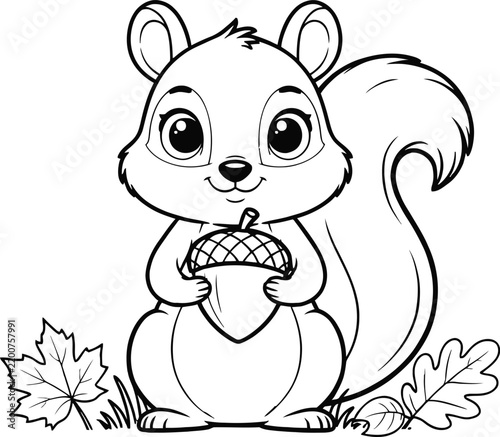 Charming cartoon squirrel holding an acorn with maple leaves black and white vector illustration