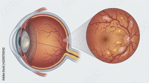 Medical illustration of diabetic retinopathy in a human eye. Magnified view of the retina showing hemorrhages and yellow exudates. Ophthalmology and diabetes complications