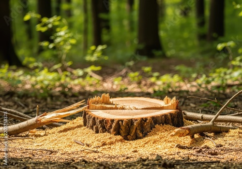 Fresh tree stump surrounded by golden sawdust and broken branches in a quiet forest setting with a soft blurred natural landscape behind, background, branch, sunlight