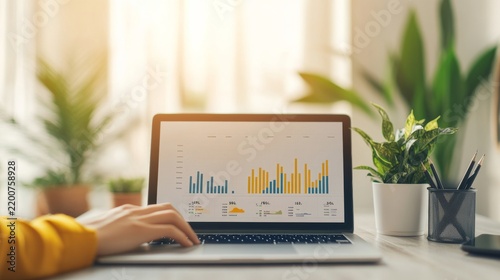 Hazy Sunrise Within a Focused Analytics Workspace: Analyst Reviewing Financial Graphs On Laptop Near Plants Revi