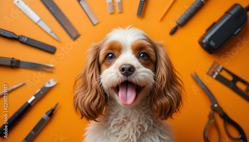 portrait of cute happy white Spaniel puppy around orange background with trimming tools. conceptual Digital artwork. Ai generated
