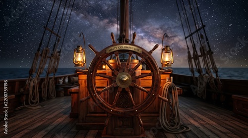 Vintage wooden ship wheel on a caravel deck at night under a starry milky way sky for Columbus Day celebration