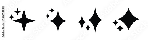 Black sparkle and shine symbol collection featuring starburst stars, diamond-shaped glints, twinkle effects and decorative shine elements, isolated monochrome vector icons for design projects