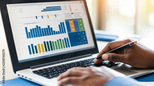 Soft Overcast Light Near the Dynamic Revenue Charts: Analyst Reviewing Procurement Graphs On Laptop Reviewing Lapt â€“ Skyline Study 4