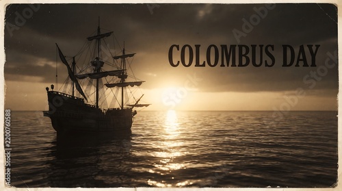 Vintage style illustration of a wooden galleon ship sailing on the ocean at sunset for Columbus Day celebration concept