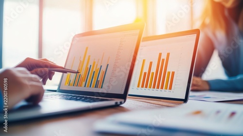 Stormy Light Near the Trend and Growth Indicators: Consultant Reviewing Laptop Graphs During Client Briefing Cha â€“ Skyline Study 4