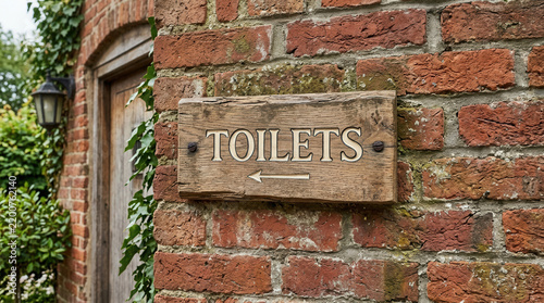 Rustic Wooden Toilet Sign On A Brick Wall With Ivy And Lantern