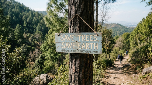 Save Trees Save Earth Sign On Trail In Lush Green Forest