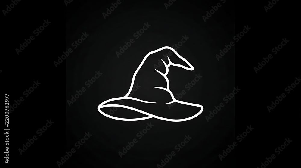 Obraz premium Minimalist white witch hat icon outline isolated against dark black background for mysterious magical fantasy concepts