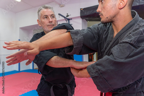 Hapkido instructor demonstrating a joint lock technique to a young male student during martial arts training in a dojo