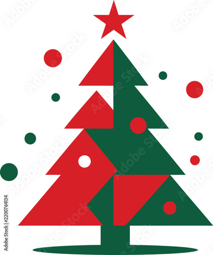 Minimalist Geometric Christmas Tree Vector Illustration with Red and Green Abstract Patterns, Star Topper, and Ornament Dots for Modern Holiday Graphic Design and Festive Greeting Cards.