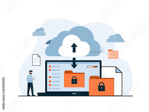 Illustration of secure cloud storage with a computer, locked orange folders, documents, and transfer arrows, representing data protection and file synchronization.