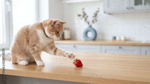 Curious Ginger Cat Plays with Strawberry in Home Kitchen Setting - Adorable Pet Photography Captures Playful Feline Interaction