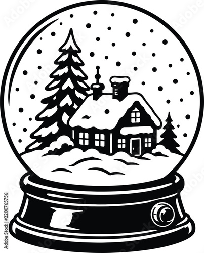 Minimalist Black and White Vector Illustration of a Classic Christmas Snow Globe Featuring a Cozy Winter Cabin, Pine Trees, and Falling Snow - Perfect for Holiday Seasonal Graphic Design