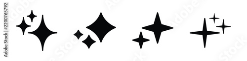 Black sparkle vector set featuring eighteen unique star shapes, twinkling stars, starbursts and diamond-like glitter symbols, monochrome decorative elements for logos, branding, stickers and graphic d