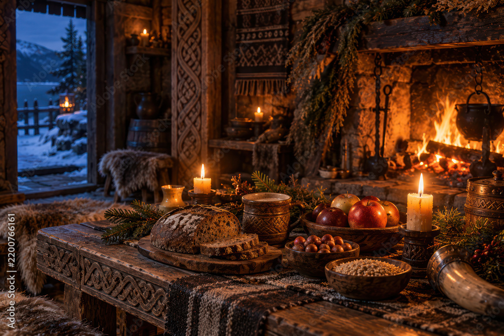 Obraz premium Álfablót Winter Nights Norse Ritual Feast in Cozy Viking Longhouse