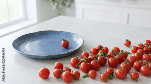 Fresh Organic Tomatoes on Ceramic Plate in Modern Kitchen: Vibrant Red Produce Decoration on Light Dining Table Surface