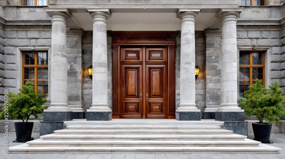 Fototapeta premium Building entrance with stone columns and wooden door