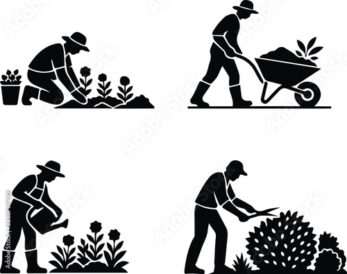 Canvastavla Set of gardening silhouettes showing people planting flowers and using wheelbarrows for horticultural design and farming tasks