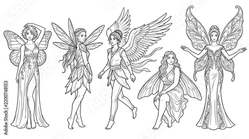 Five beautiful mythical winged female figures in various elegant poses, presented as intricate line art illustrations for coloring.