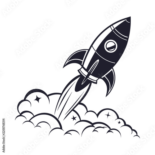 Retro rocket launching upwards with smoke trails and stars against a white background vintage style