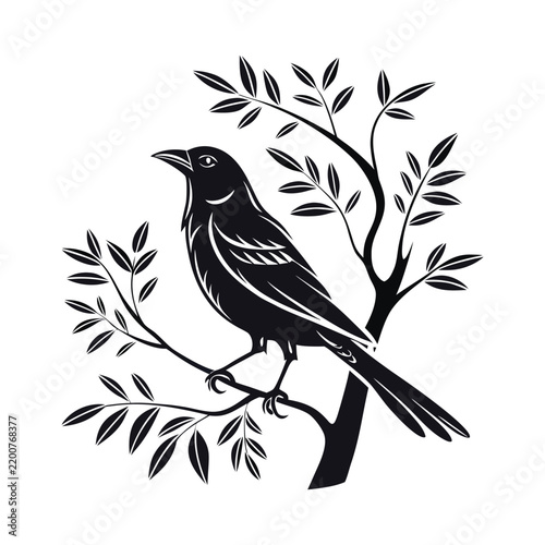 Silhouette bird perched on a stylized tree branch with organic leaves against a white background