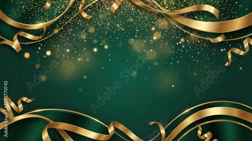 Saudi National Day dark green festive background with flowing gold ribbons and sparkling confetti glitter