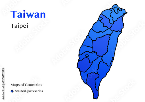 Stained Glass Map of Taiwan with Counties and Capital Taipei