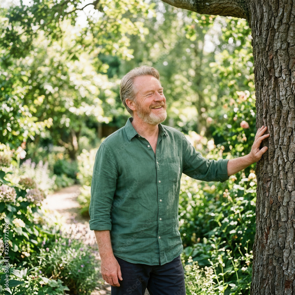 Fototapeta premium Mature Man Enjoying Tranquil Garden Serenity Outdoor Portrait