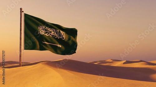 Waving national flag of Saudi Arabia on a flagpole set amidst vast desert sand dunes at sunset   
